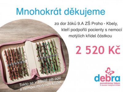 Organizace Debra oficiálně poděkovala žákům 9.A za finanční dar určený na pomoc lidem s nemocí motýlích křídel