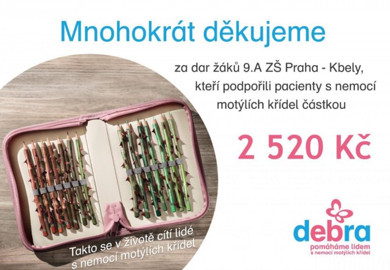 Organizace Debra oficiálně poděkovala žákům 9.A za finanční dar určený na pomoc lidem s nemocí motýlích křídel