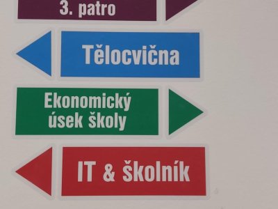 Výukové polepy na schodišti nové budovy a nový orientační systém školy