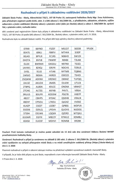 Rozhodnutí o přijetí k základnímu vzdělávání 2026/2027